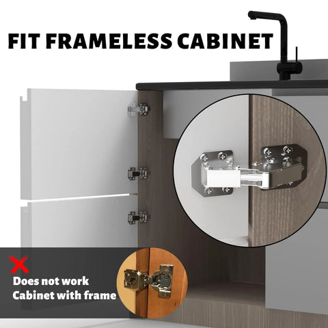 Fit frameless cabinet image showcasing Upgraded Soft Close Surface Mount Hinges For Frameless Kitchen Cabinets, 90 Degree Concealed Door Hardware.