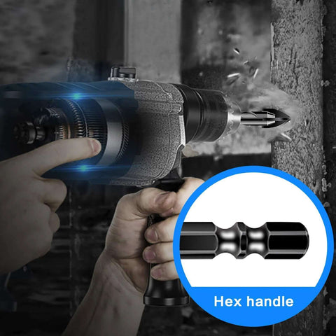 Side view of cordless drill with a masonry bit drilling into concrete; tungsten carbide tips, hex shank, 10-piece set by Amazon