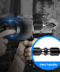 Power drill using a Heavy-Duty 10-Piece 5/32 Inch Masonry Concrete Drill Bit Set for Tough Drilling on tile, with hex handle illustration.