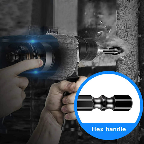 Hand holding drill with 10 Pack Three Sixteenth Inch Masonry Drill Bits With Cross Tungsten Carbide Tip And Hex Shank Dope Set drilling