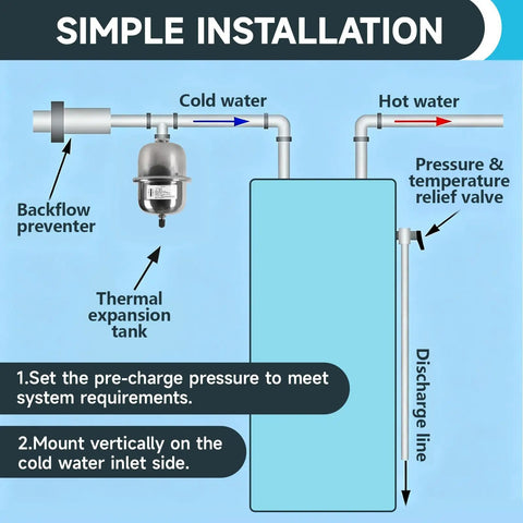 Diagram showing simple installation of Mini Thermal Expansion Tank 0.5L Stainless Steel Water Hammer Arrestor with pipe connections.