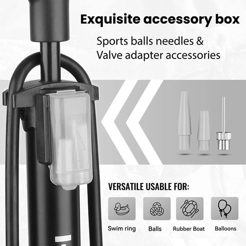 High Pressure Bike Floor Pump 160 PSI With Dual Presta And Schrader Valves, accessory kit close-up, needles and adapters