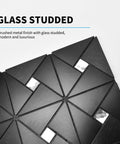 Corner view of Ten Sheet Peel And Stick Backsplash Metal Mosaic Tiles For Kitchen Wall Decor Aluminum Composite Stick On Tiles Black Windmill Glass Puzzle Mix With Dope Shine Mirror Edge And Easy Install showing glass studded details.