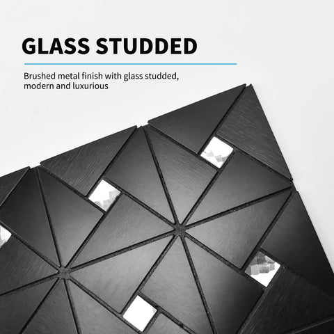 Corner view of Ten Sheet Peel And Stick Backsplash Metal Mosaic Tiles For Kitchen Wall Decor Aluminum Composite Stick On Tiles Black Windmill Glass Puzzle Mix With Dope Shine Mirror Edge And Easy Install showing glass studded details.