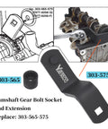 Camshaft Timing Tool Kit For 4.0L V6 Engines with gear bolt socket, extension, and engine part in diagram and photo