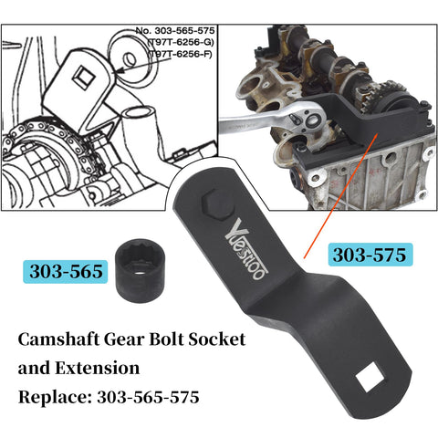 Camshaft Timing Tool Kit For 4.0L V6 Engines with gear bolt socket, extension, and engine part in diagram and photo
