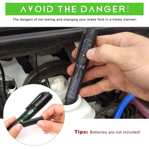 Hand using Brake Fluid Tester Pen DOT 3 DOT 4 DOT 5.1 Diagnostic Tool with 5 LED indicators during vehicle brake fluid check.