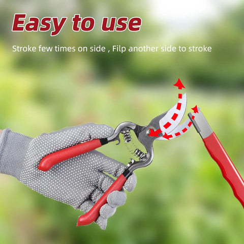 Gardener using Two Piece Garden Tool Sharpener Kit For Knives Hedge Shears Pruners Scissors Loppers And More Compact Portable Mini Stone for quick sharpening.