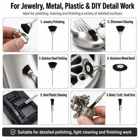 Hella Versatile Soft Nylon Bristle Cup Brushes For Metal Polish And Cleaning With Zero Hassle Rotary Drill Bits and Compact Two Point Three Five Mm Shank Built Tough For Stainless Steel Detailing In Tight Spaces used for jewelry, silverware, and hard plastic cleaning.