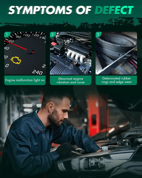 Image showing symptoms of engine defect: malfunction light, engine vibration, and worn parts, related to Engine Harmonic Balancer For Toyota Corolla 1998-2008 Celica 2000-2005 MR2 Spyder 2000-2005 Matrix 2003-2008 Vibe 2003-2008 Prizm 1998-2002 1.8L L4 Replacement Pulley 594-197.