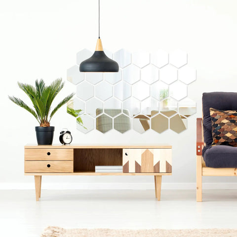 Hexagon Mirror Wall Stickers Set Removable Silver Acrylic Honeycomb Decals For DIY Home Art Bedroom And Living Room Decor
