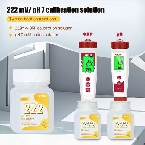 Image of Pro Grade pH And ORP Calibration Kit with Buffers, showing pH 4.00, 7.00, 10.01 and ORP 222 mV solutions in containers.