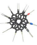 11 Piece Automotive Terminal Removal Key Kit With Connector Pin Release Tool Set showing various pin extraction tools arranged in a circle.