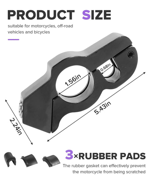 Diagram of Beefed Up Aluminum Alloy Motorcycle Lock For Handlebar Grips And Brake Levers, showing dimensions and rubber pads