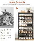 8-Tier Tall Shoe Rack Organizer for Entryway and Closet, holds 24-32 pairs, heavy-duty metal frame, wood top shelf, rustic brown finish