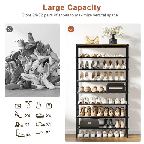 8-Tier Tall Shoe Rack Organizer for Entryway and Closet, holds 24-32 pairs, heavy-duty metal frame, wood top shelf, rustic brown finish