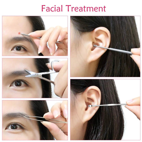 Demonstration of facial treatment using tools from the 18 Piece Manicure And Pedicure Set With Stainless Steel Tools, Travel Hygiene Kit.