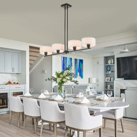 Rectangular Farmhouse Wood Pendant Light With 4 Light Industrial Chandelier over modern kitchen dining area.
