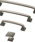 Three long, matte cabinet handles and one square knob in a zinc finish suitable for kitchen and closet upgrades.