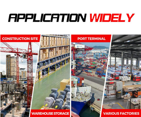 Image showing diverse applications of tow chain: construction site, warehouse storage, port terminal, various factories.