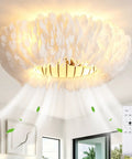 Neojoyoenix 20" Feather-Dressed Caged Ceiling Fans with Remote, Flush Mount with Light, Chandelier Fan in white feathers.