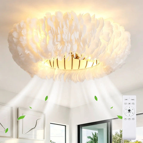 Neojoyoenix 20" Feather-Dressed Caged Ceiling Fans with Remote, Flush Mount with Light, Chandelier Fan in white feathers.