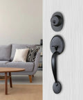 Two Pack Iron Black Front Double Door Handleset With Knob And Single Cylinder Deadbolt Keyed Entry Plus Dummy Non Lock Handle