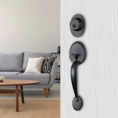 Two Pack Iron Black Front Double Door Handleset With Knob And Single Cylinder Deadbolt Keyed Entry Plus Dummy Non Lock Handle
