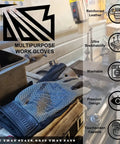 Built Different Heavy Duty Work Gloves With Breathable Leather Palms And Touchscreen Compatible Tips Machine Washable Reinforced Knuckles Zero Slip Grip For Mechanics And Electricians on a workbench.