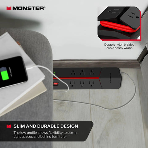 Vertex Dope Surge Protector With Detachable USB Power Strip, Six AC Outlets, shown under a couch with plugged devices.