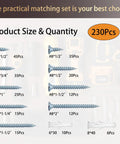 Top Shelf Carbon Steel Wood Screws Assortment Kit With Zinc Plated Finish And Drywall Anchors showing 230 pcs sizes and quantities.