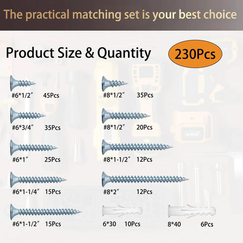 Top Shelf Carbon Steel Wood Screws Assortment Kit With Zinc Plated Finish And Drywall Anchors showing 230 pcs sizes and quantities.