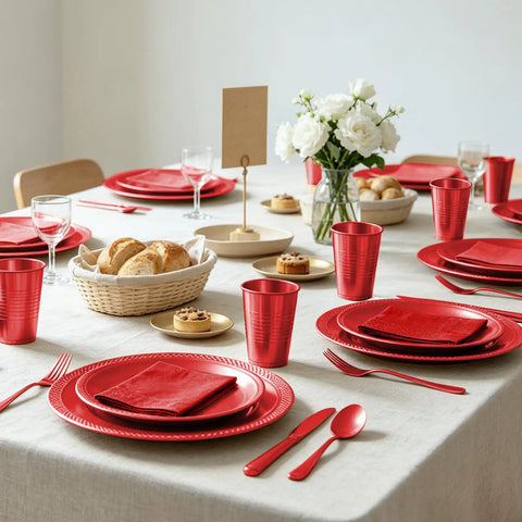 Kickback Ready Red Plastic Dinnerware Set Feeds Fifty Guests With Nine Inch Plates Seven Inch Snack Plates 12 Ounce Cups Utensils And Napkins set on a table.