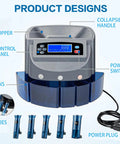 Slick Automatic Coin Counter And Wrapping Machine Featuring No Fuss LCD Screen and Fast Lane Sorting Action showing control panel and hopper.