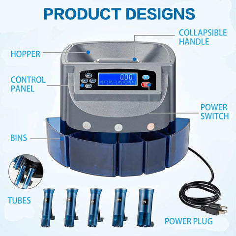 Slick Automatic Coin Counter And Wrapping Machine Featuring No Fuss LCD Screen and Fast Lane Sorting Action showing control panel and hopper.