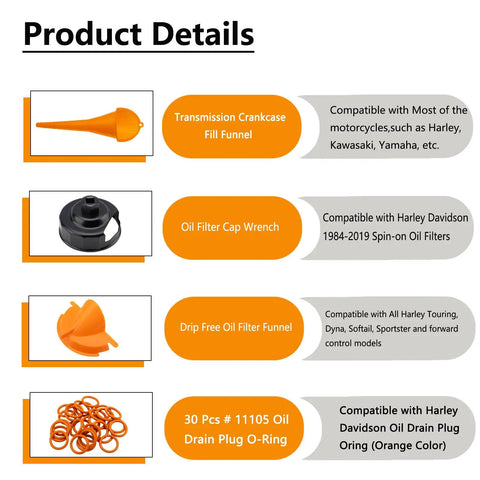 Product details for Oil Change Kit For Harley With Heavy Duty Filter Cap Wrench Crankcase Fill Tool Primary Case Oil Funnel