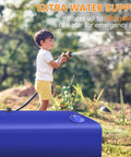 Child using a hose with a Portable Water Storage Bladder Tank 90 Gallons Large Capacity Blue Water Container for Camping Garden Emergency Supply.