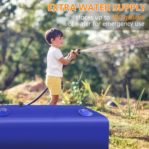Child using a hose with a Portable Water Storage Bladder Tank 90 Gallons Large Capacity Blue Water Container for Camping Garden Emergency Supply.