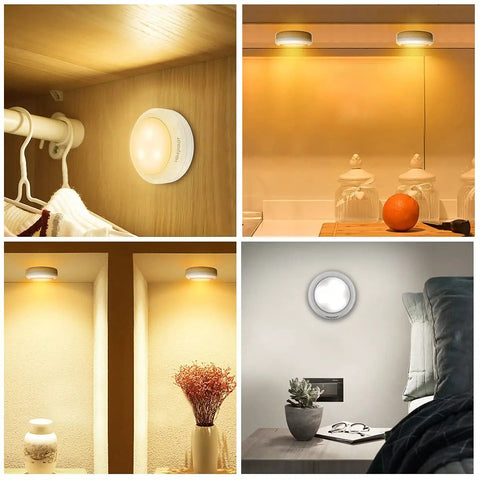 Under Cabinet Puck Lights Remote Battery Operated Wireless Stick On 4 Pack illuminating various home setups