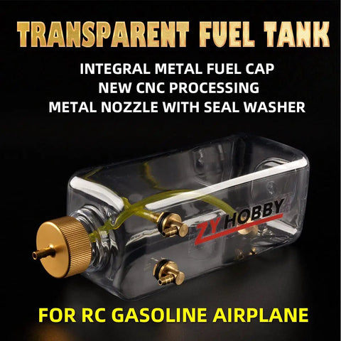 700ml RC Gas Fuel Tank for RC Airplanes, clear plastic bottle with metal cap, inlet and outlet, side view