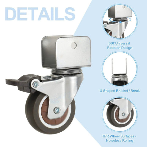 Beefy 2 Inch Caster Wheel Set 4 Pack With 2 Brakes And 2 Swivel Casters, 1 Inch U Bracket Opening, 55 Lb Per Caster, Brown