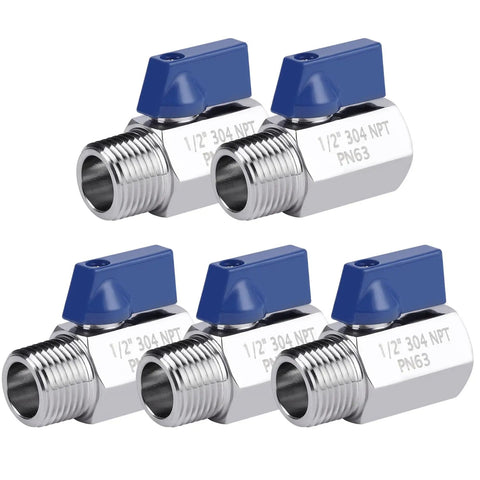 Five Pack Half Inch Mini Ball Valves Stainless Steel 304 NPT Female To Male Threads Shut Off Quarter Turn Bidirectional Flow