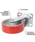 Six Inch Kingpinless Polyurethane Swivel Caster With Reinforced Steel Core 1500 Pound Heavy Duty Rating showcasing rust-resistant zinc finish.