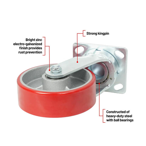 Six Inch Kingpinless Polyurethane Swivel Caster With Reinforced Steel Core 1500 Pound Heavy Duty Rating showcasing rust-resistant zinc finish.