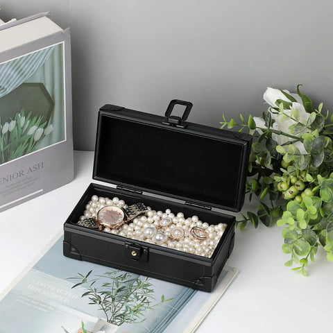 Lockable Cash Box With Key Aluminum Alloy Money Organizer in home office setting with jewelry inside