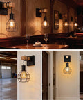 Industrial Cage Wall Sconce With Dimmer Switch And On Off Control, Farmhouse Black Metal Lamp With Painted Wood Holder, Dope Vintage Vibe Hardwired Wall Mount in various settings
