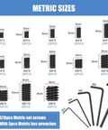 560 Piece Set Screw Kit With 25 Sizes Metric And SAE Assortment Includes 12 SAE And 13 Metric Sets, visual of various metric screws and hex wrenches