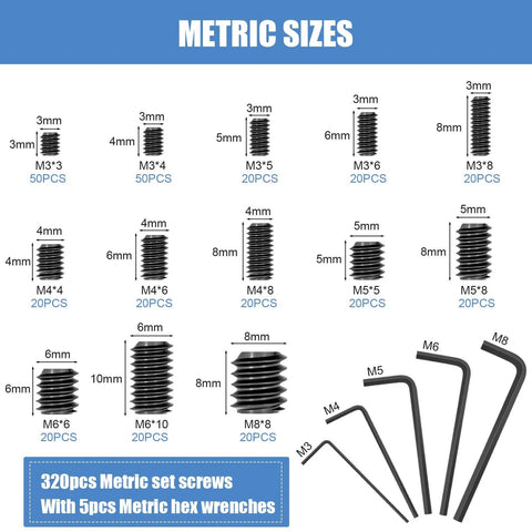 560 Piece Set Screw Kit With 25 Sizes Metric And SAE Assortment Includes 12 SAE And 13 Metric Sets, visual of various metric screws and hex wrenches