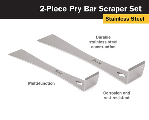 Two Piece Stainless Steel Pry Bar Scraper Set With Nail Puller And Angled Scraper Edge displayed on white background
