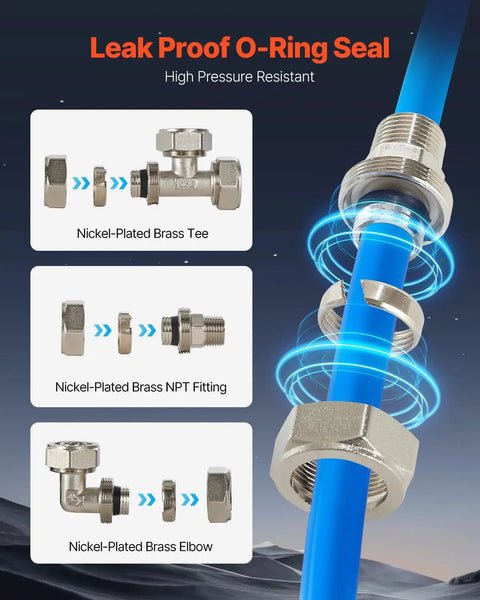 Heavy Duty Pro Grade 300 Foot Air Compressor Line Kit With Three Quarter Inch HDPE Aluminum HDPE Three Layer Tubing For Garages And Workshops Leak Proof Pressure Resistant Easy To Install showing fittings and tubing